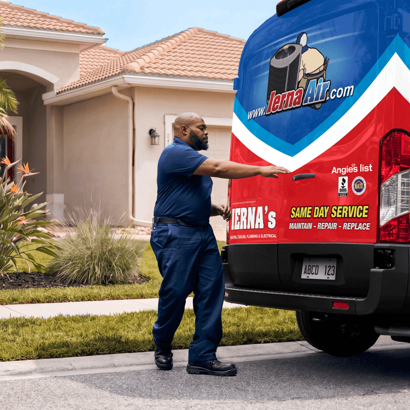 An IERNA'S technician arrives at a home ready to provide expert HVAC, plumbing, and electrical services.